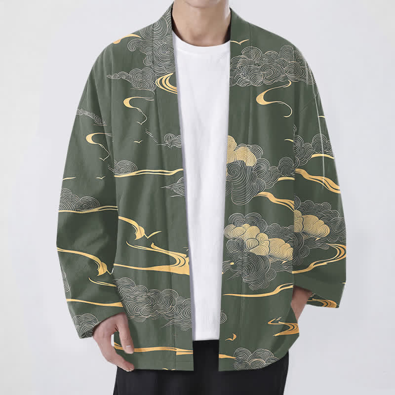 Buddha Stones 綿素材の金雲柄前開きメンズ着物 - ダークシーグリーン - US/UK/AU48、 EU58 (4XL) - image 6