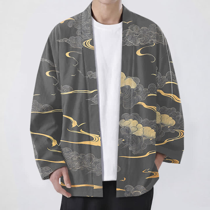 Buddha Stones 綿素材の金雲柄前開きメンズ着物 - グレー - US/UK/AU48、 EU58 (4XL) - image 9