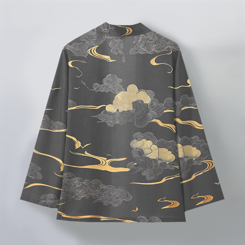 Buddha Stones 綿素材の金雲柄前開きメンズ着物 - image 11