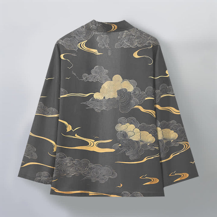 Buddha Stones 綿素材の金雲柄前開きメンズ着物 - image 11