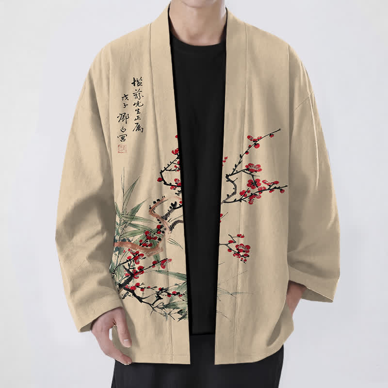Buddha Stones 綿素材、赤梅柄、竹柄、前開きメンズ着物 - 小麦 - US/UK/AU48、 EU58 (4XL) - image 0