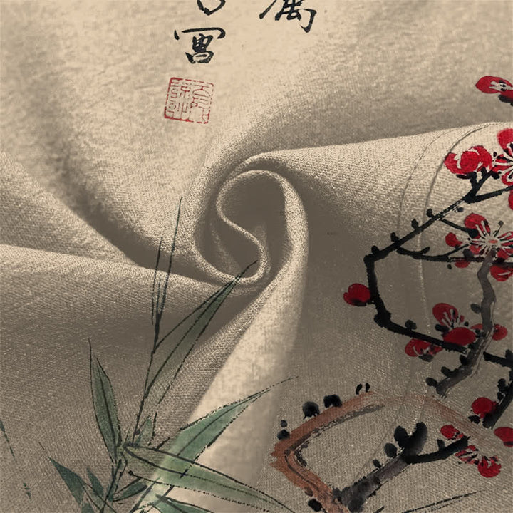 Buddha Stones 綿素材、赤梅柄、竹柄、前開きメンズ着物 - image 5