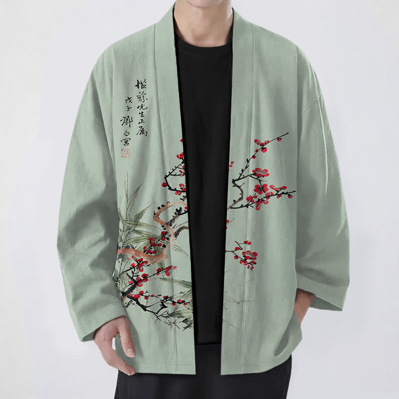 Buddha Stones 綿素材、赤梅柄、竹柄、前開きメンズ着物 - ダークシーグリーン - US/UK/AU48、 EU58 (4XL) - image 6