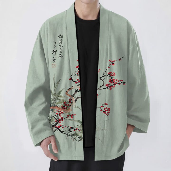Buddha Stones 綿素材、赤梅柄、竹柄、前開きメンズ着物 - ダークシーグリーン - US/UK/AU48、 EU58 (4XL) - image 6