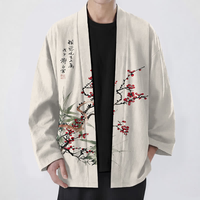 Buddha Stones 綿素材、赤梅柄、竹柄、前開きメンズ着物 - ベージュ - US/UK/AU48、 EU58 (4XL) - image 9
