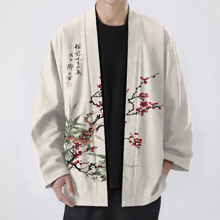 Buddha Stones 綿素材、赤梅柄、竹柄、前開きメンズ着物 - ベージュ - US/UK/AU48、 EU58 (4XL) - image 9