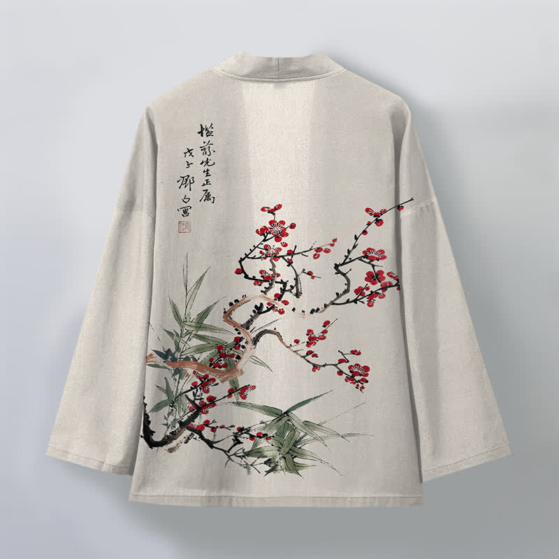 Buddha Stones 綿素材、赤梅柄、竹柄、前開きメンズ着物 - image 11