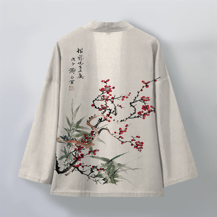 Buddha Stones 綿素材、赤梅柄、竹柄、前開きメンズ着物 - image 11