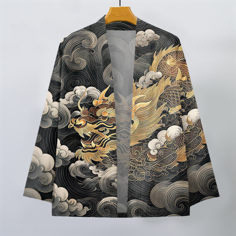 Buddha Stones 綿素材、金龍雲模様、前開きメンズ着物 - image 1