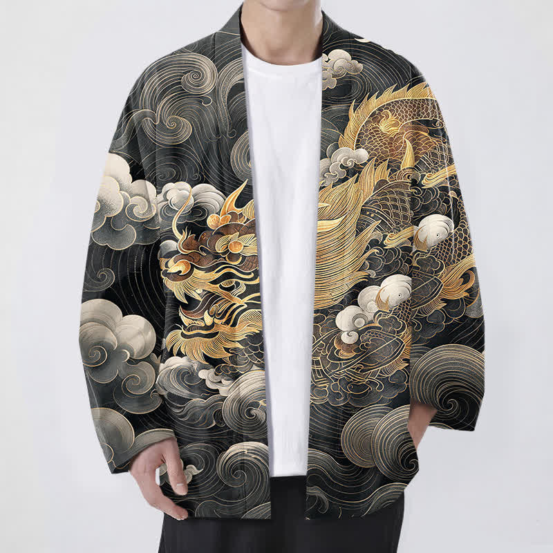 Buddha Stones 綿素材、金龍雲模様、前開きメンズ着物 - 黒 - US/UK/AU48、 EU58 (4XL) - image 0