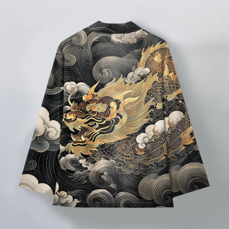 Buddha Stones 綿素材、金龍雲模様、前開きメンズ着物 - image 2