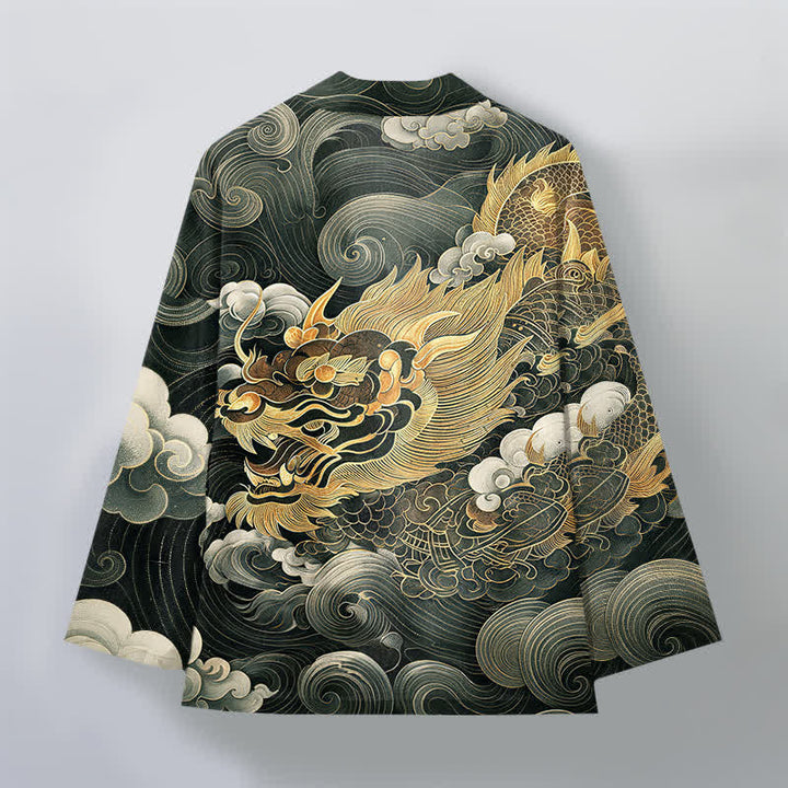 Buddha Stones 綿素材、金龍雲模様、前開きメンズ着物 - image 8