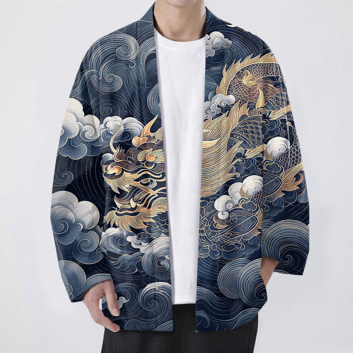 Buddha Stones 綿素材、金龍雲模様、前開きメンズ着物 - 海軍 - US/UK/AU48、 EU58 (4XL) - image 9