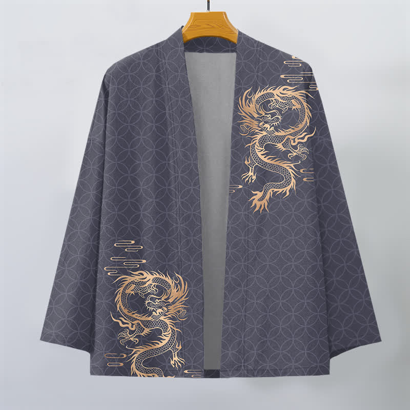 Buddha Stones 綿素材、金龍の幾何学模様、円形柄、前開きメンズ着物 - image 1
