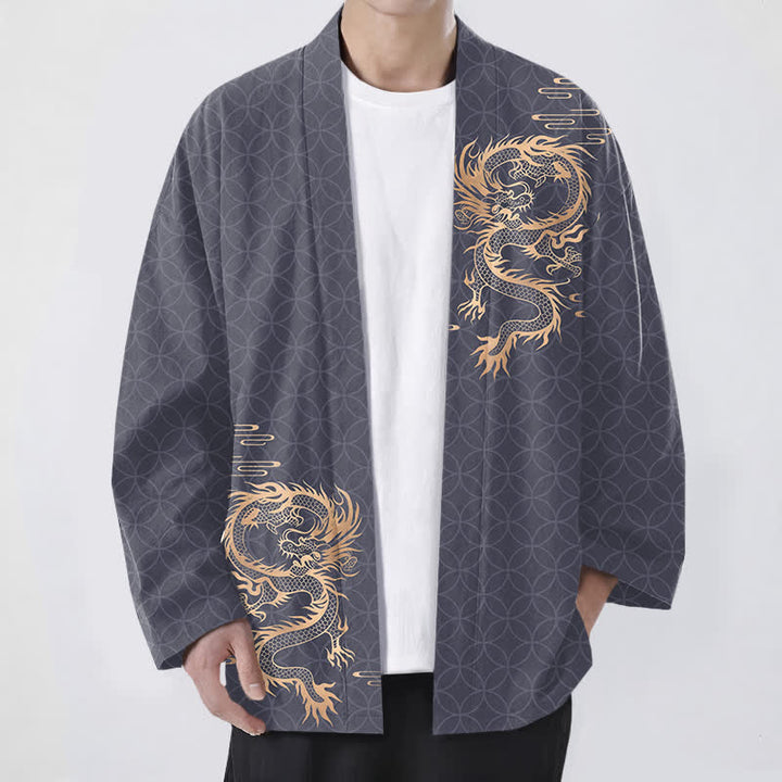 Buddha Stones 綿素材、金龍の幾何学模様、円形柄、前開きメンズ着物 - スレートグレー - US/UK/AU48、 EU58 (4XL) - image 0