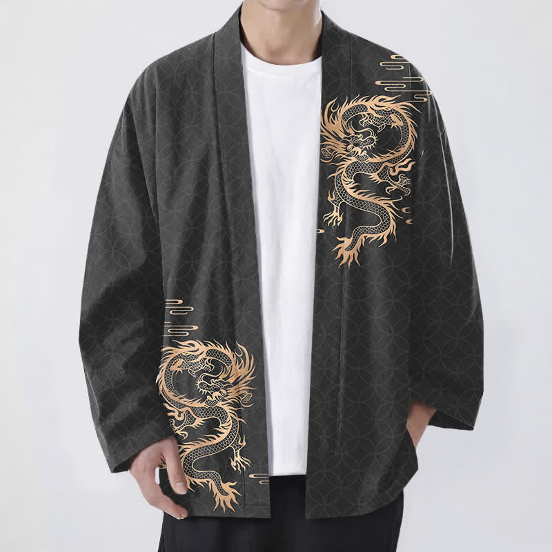 Buddha Stones 綿素材、金龍の幾何学模様、円形柄、前開きメンズ着物 - 黒 - US/UK/AU48、 EU58 (4XL) - image 6