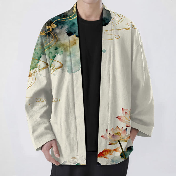 Buddha Stones 綿素材の蓮と鯉の墨雲模様のオープンフロントメンズ着物 - ベージュ - US/UK/AU48、 EU58 (4XL) - image 9