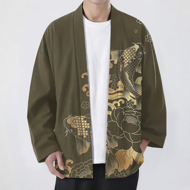 Buddha Stones 綿素材の金鯉柄花柄前開きメンズ着物 - オリーブ - US/UK/AU48、 EU58 (4XL) - image 0