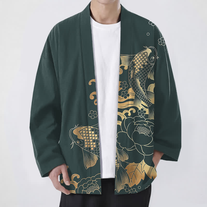 Buddha Stones 綿素材の金鯉柄花柄前開きメンズ着物 - ティール - US/UK/AU48、 EU58 (4XL) - image 6