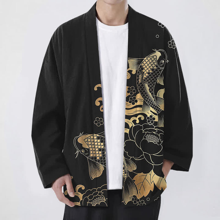 Buddha Stones 綿素材の金鯉柄花柄前開きメンズ着物 - 黒 - US/UK/AU48、 EU58 (4XL) - image 9