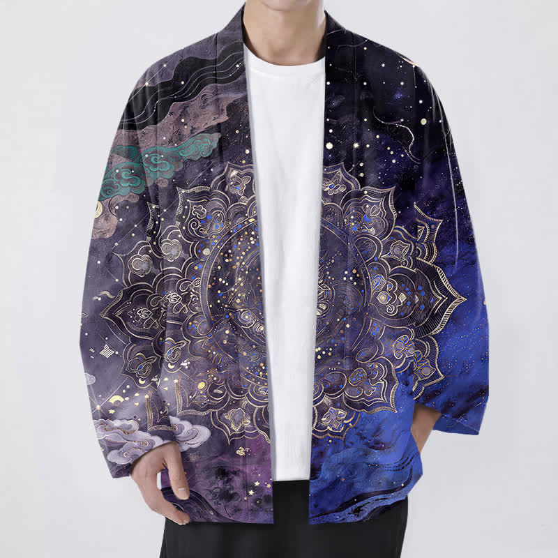 Buddha Stones 綿素材のギャラクティックマンダラ柄オープンフロントメンズ着物 - インジゴ - US/UK/AU48、 EU58 (4XL) - image 0