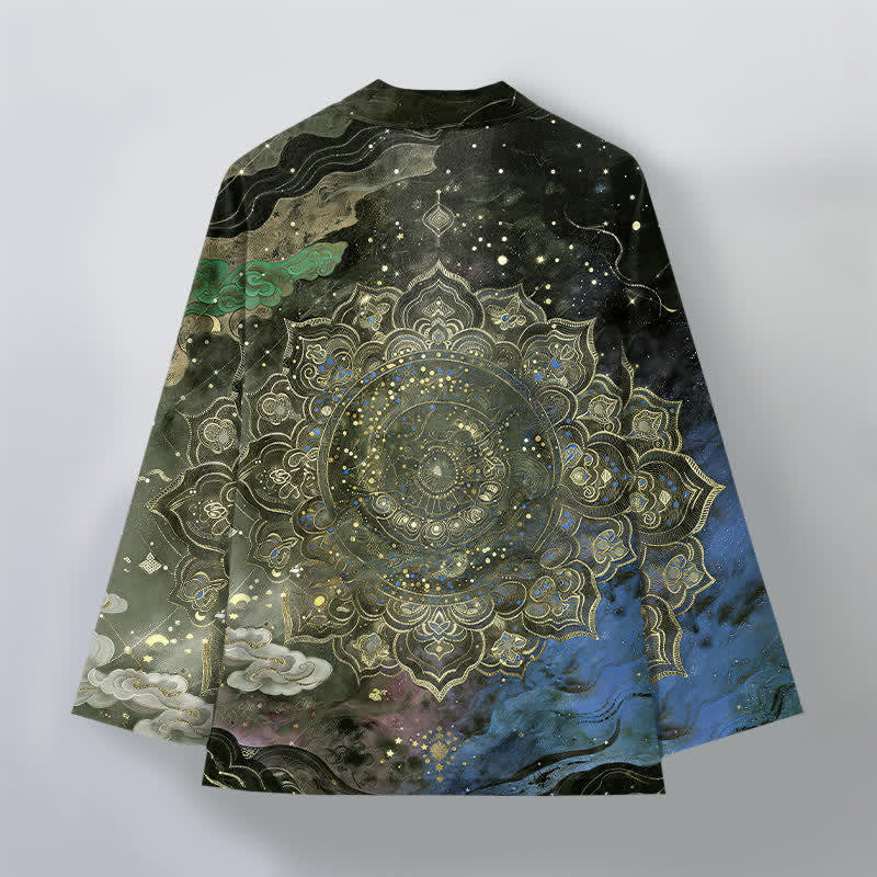 Buddha Stones 綿素材のギャラクティックマンダラ柄オープンフロントメンズ着物 - image 8
