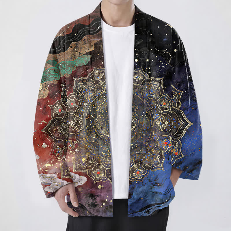 Buddha Stones 綿素材のギャラクティックマンダラ柄オープンフロントメンズ着物 - 耐火レンガ - US/UK/AU48、 EU58 (4XL) - image 9