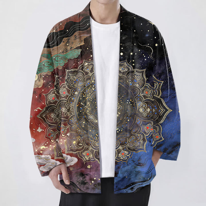 Buddha Stones 綿素材のギャラクティックマンダラ柄オープンフロントメンズ着物 - 耐火レンガ - US/UK/AU48、 EU58 (4XL) - image 9