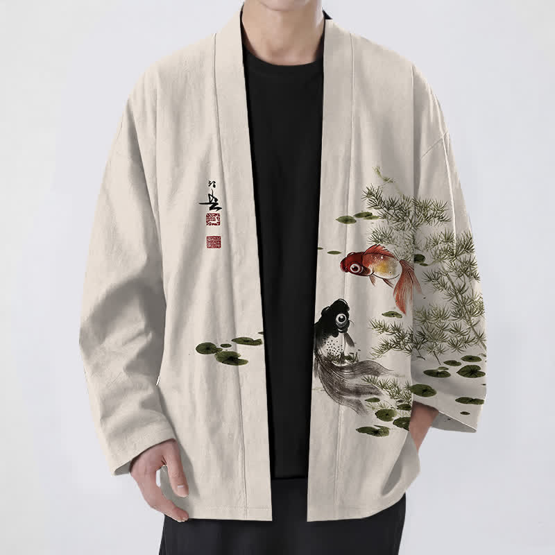 Buddha Stones 綿素材の鯉蓮水墨模様のオープンフロントメンズ着物 - ベージュ - US/UK/AU48、 EU58 (4XL) - image 0