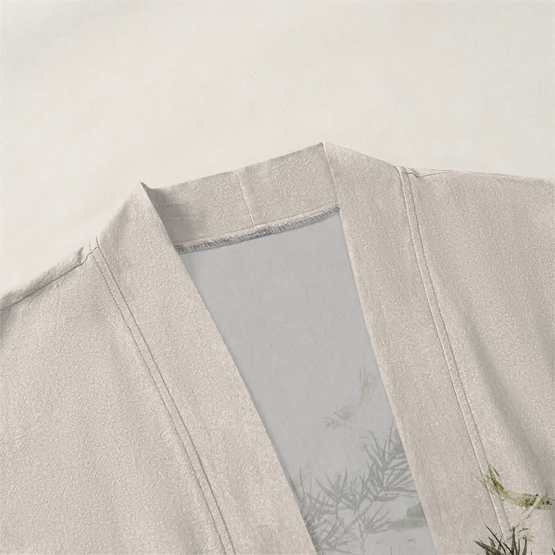 Buddha Stones 綿素材の鯉蓮水墨模様のオープンフロントメンズ着物 - image 3