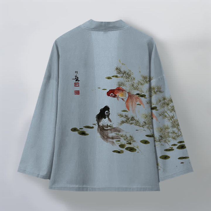 Buddha Stones 綿素材の鯉蓮水墨模様のオープンフロントメンズ着物 - image 8