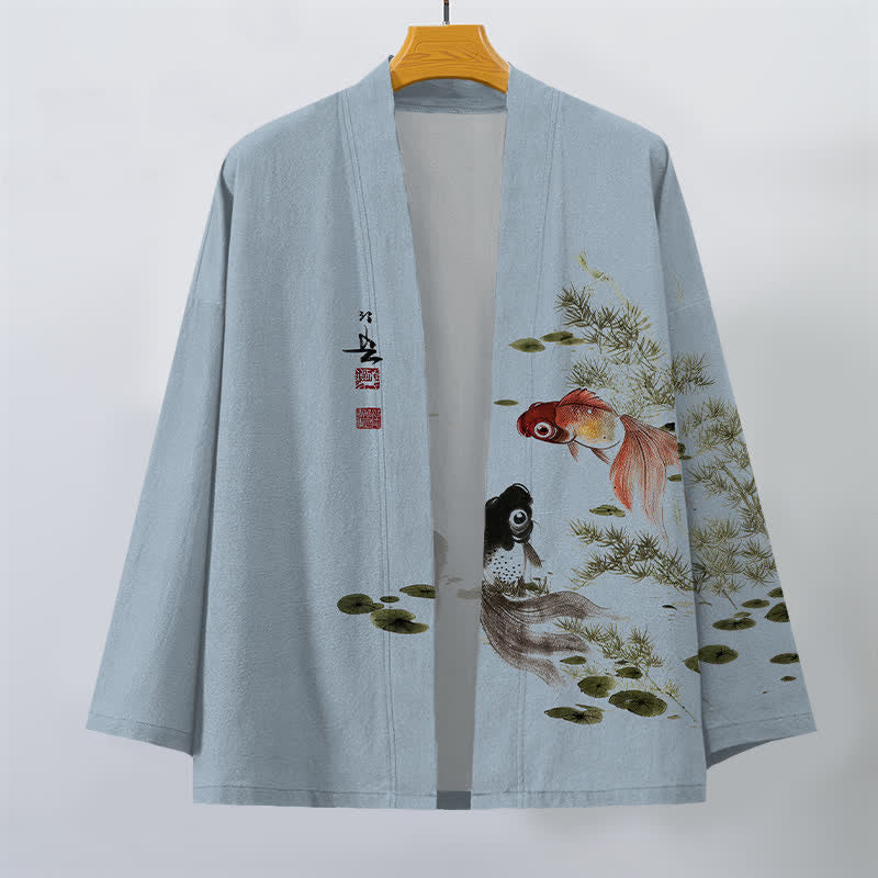 Buddha Stones 綿素材の鯉蓮水墨模様のオープンフロントメンズ着物 - image 7
