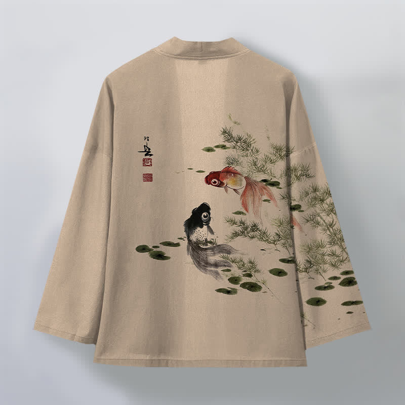 Buddha Stones 綿素材の鯉蓮水墨模様のオープンフロントメンズ着物 - image 11