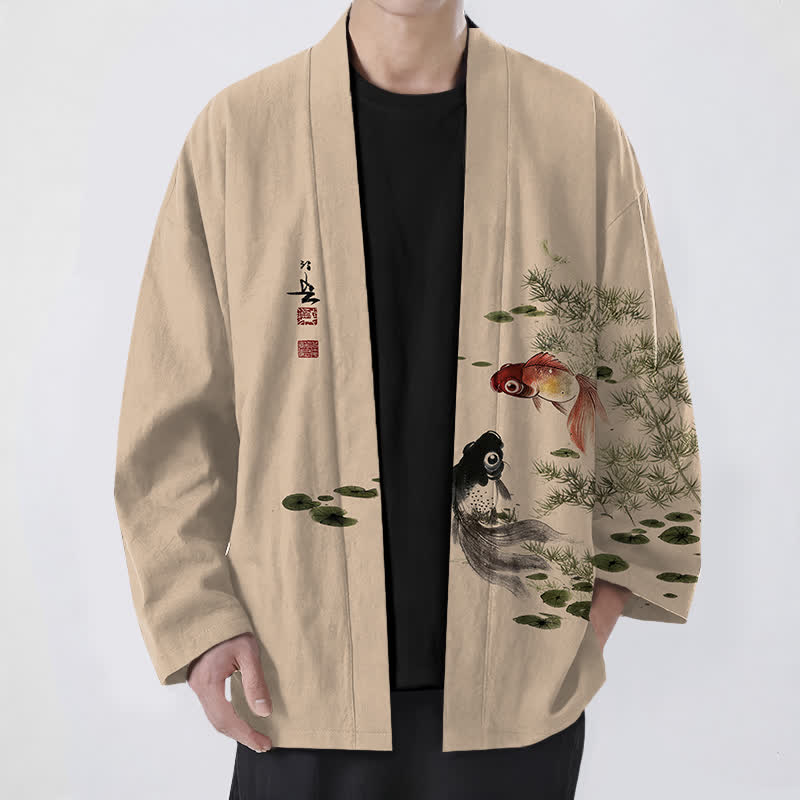 Buddha Stones 綿素材の鯉蓮水墨模様のオープンフロントメンズ着物 - 小麦 - US/UK/AU48、 EU58 (4XL) - image 9