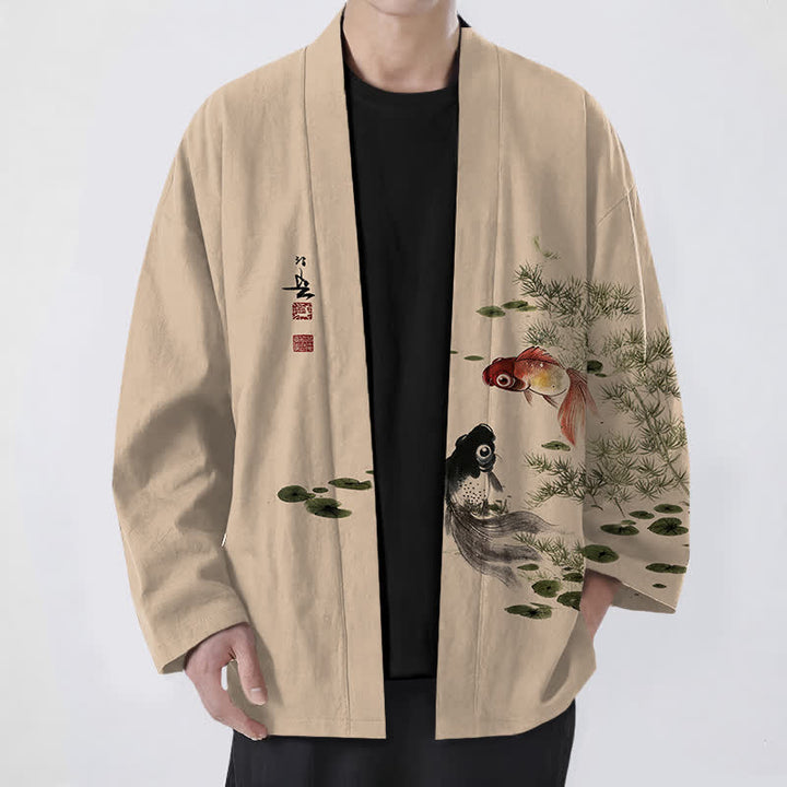 Buddha Stones 綿素材の鯉蓮水墨模様のオープンフロントメンズ着物 - 小麦 - US/UK/AU48、 EU58 (4XL) - image 9