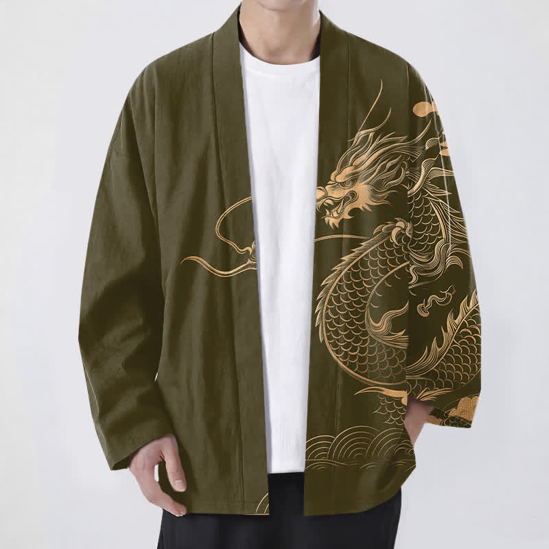 Buddha Stones 綿素材、金龍雲波模様、前開きメンズ着物 - オリーブ - US/UK/AU48、 EU58 (4XL) - image 0