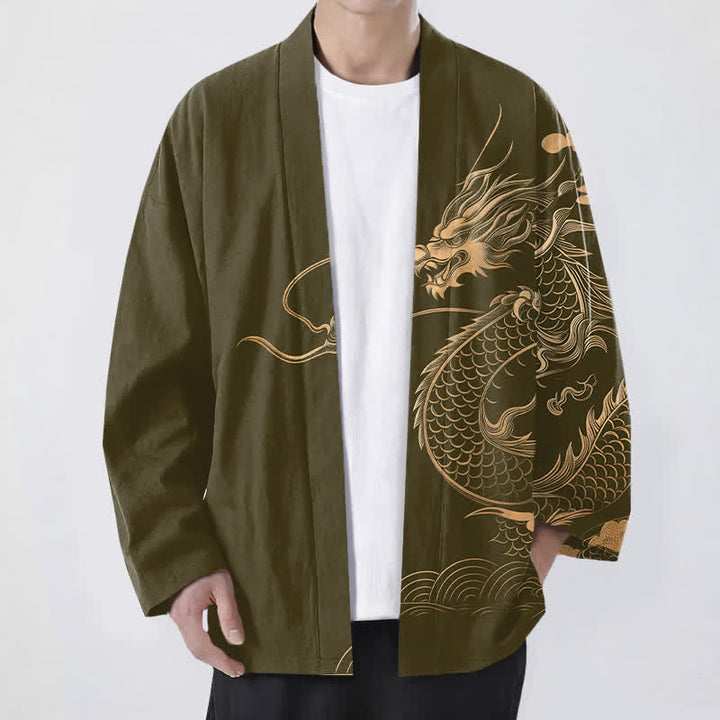 Buddha Stones 綿素材、金龍雲波模様、前開きメンズ着物 - オリーブ - US/UK/AU48、 EU58 (4XL) - image 0