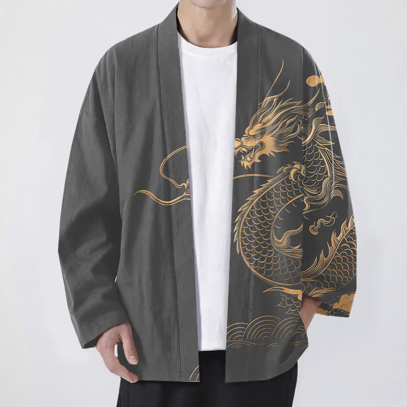 Buddha Stones 綿素材、金龍雲波模様、前開きメンズ着物 - 薄暗い灰色 - US/UK/AU48、 EU58 (4XL) - image 6