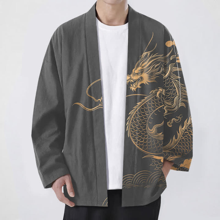 Buddha Stones 綿素材、金龍雲波模様、前開きメンズ着物 - 薄暗い灰色 - US/UK/AU48、 EU58 (4XL) - image 6