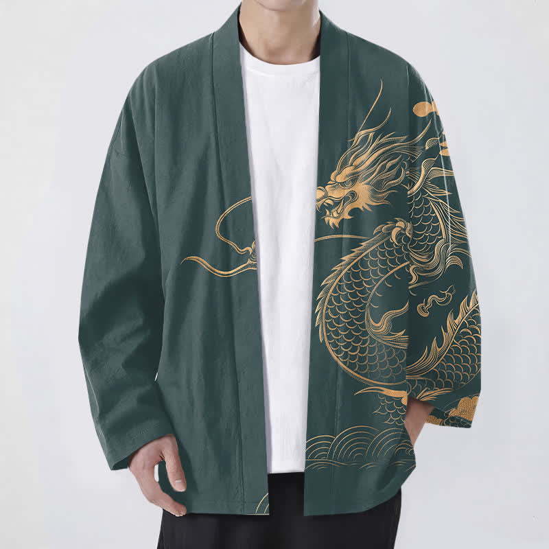 Buddha Stones 綿素材、金龍雲波模様、前開きメンズ着物 - ティール - US/UK/AU48、 EU58 (4XL) - image 9