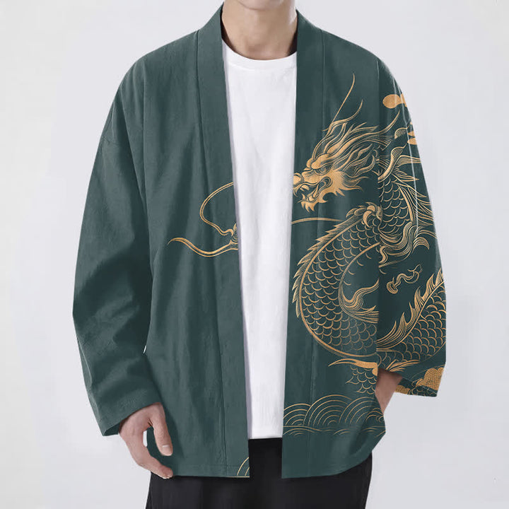 Buddha Stones 綿素材、金龍雲波模様、前開きメンズ着物 - ティール - US/UK/AU48、 EU58 (4XL) - image 9