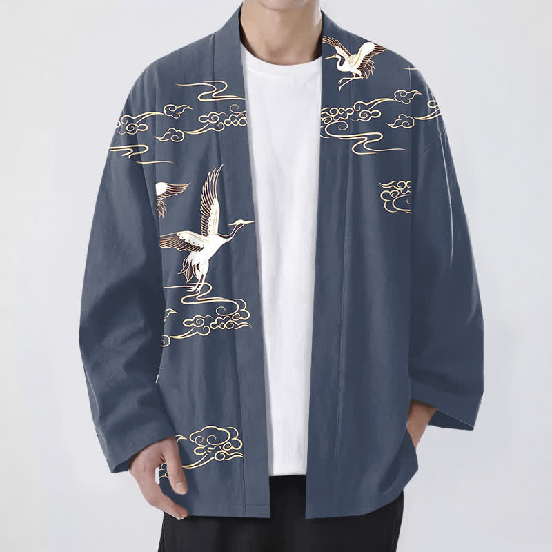 Buddha Stones 綿素材、白鶴金雲柄、前開きメンズ着物 - スチールブルー - US/UK/AU48、 EU58 (4XL) - image 0