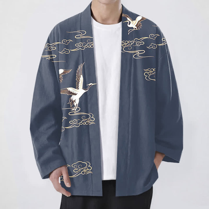 Buddha Stones 綿素材、白鶴金雲柄、前開きメンズ着物 - スチールブルー - US/UK/AU48、 EU58 (4XL) - image 0