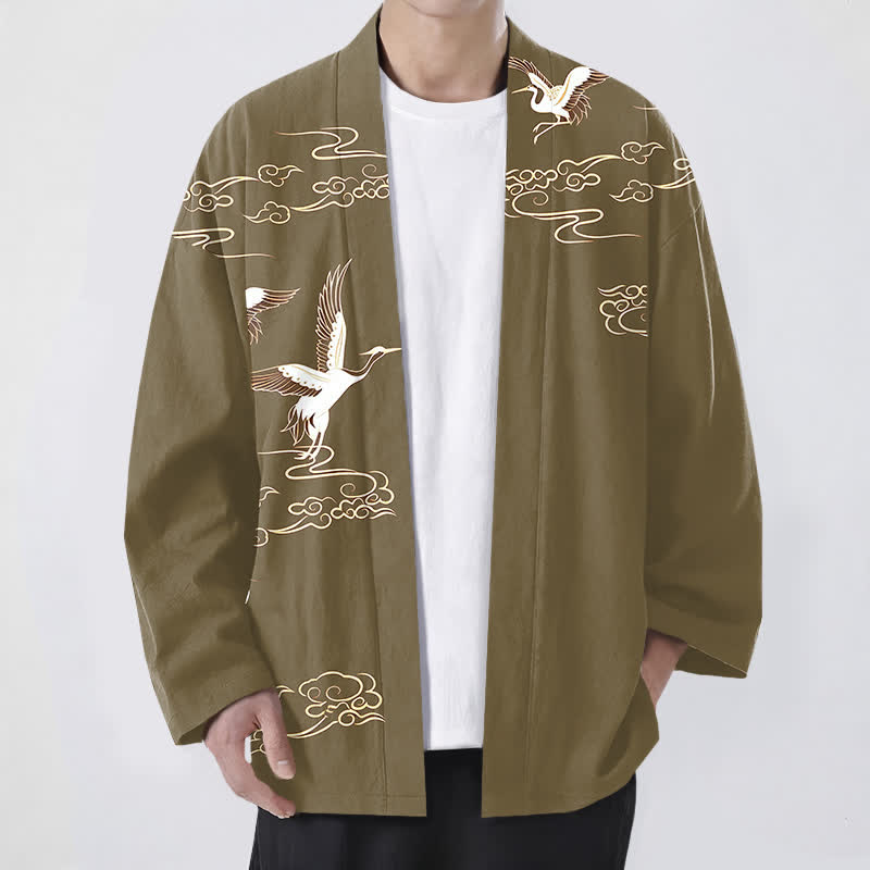 Buddha Stones 綿素材、白鶴金雲柄、前開きメンズ着物 - オリーブ - US/UK/AU48、 EU58 (4XL) - image 9