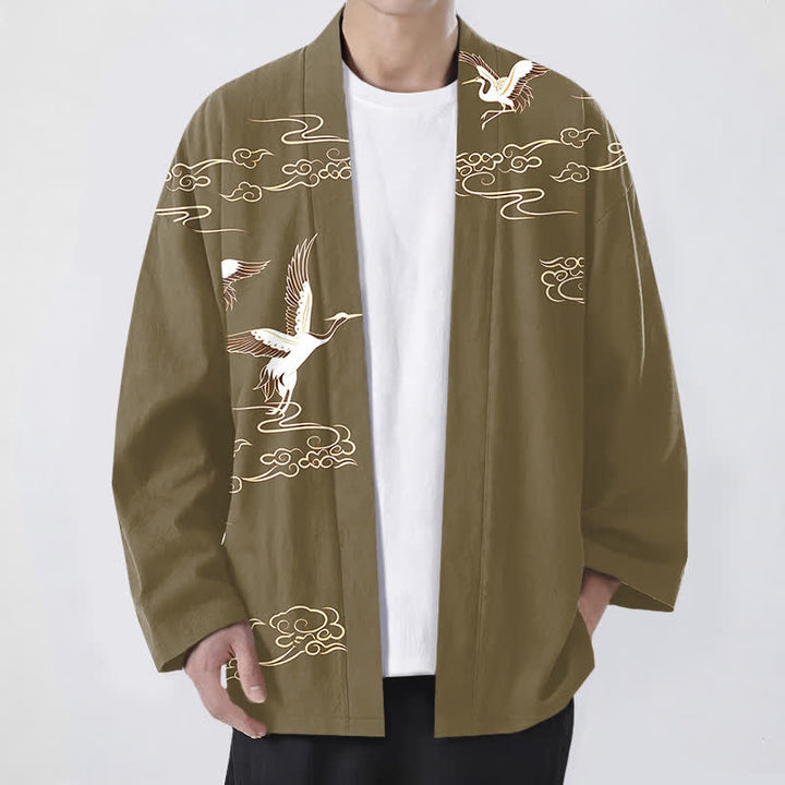 Buddha Stones 綿素材、白鶴金雲柄、前開きメンズ着物 - オリーブ - US/UK/AU48、 EU58 (4XL) - image 9