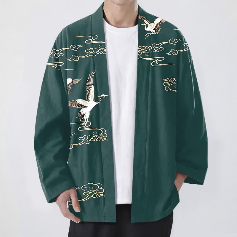 Buddha Stones 綿素材、白鶴金雲柄、前開きメンズ着物 - ティール - US/UK/AU48、 EU58 (4XL) - image 6