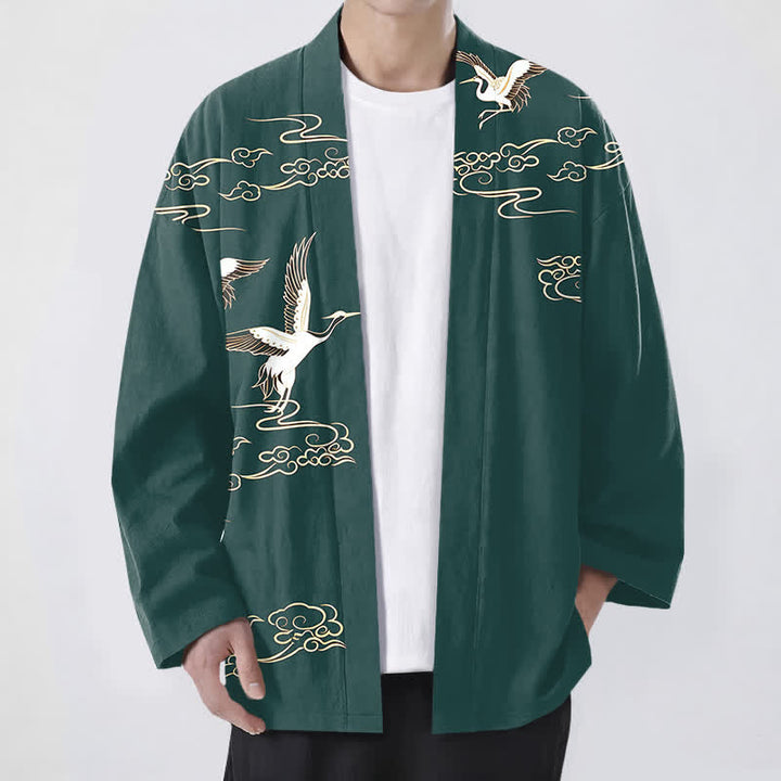 Buddha Stones 綿素材、白鶴金雲柄、前開きメンズ着物 - ティール - US/UK/AU48、 EU58 (4XL) - image 6