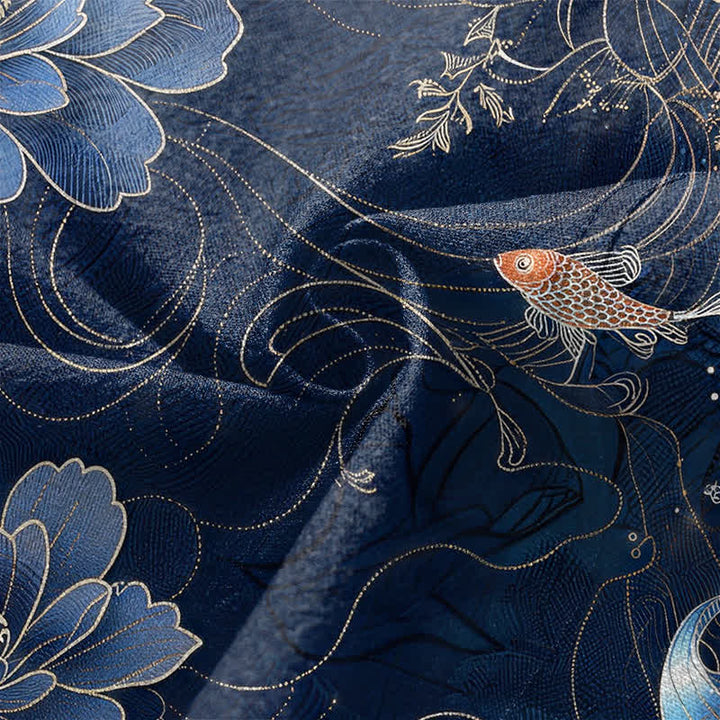 Buddha Stones 綿素材の鯉と蓮の波模様が描かれた前開きメンズ着物 - image 5
