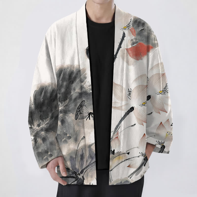 Buddha Stones 綿インク蓮柄前開きメンズ着物 - 黒 - US/UK/AU48、 EU58 (4XL) - image 0