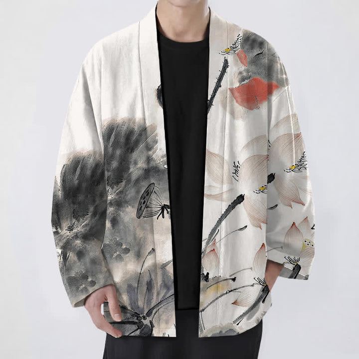 Buddha Stones 綿インク蓮柄前開きメンズ着物 - 黒 - US/UK/AU48、 EU58 (4XL) - image 0